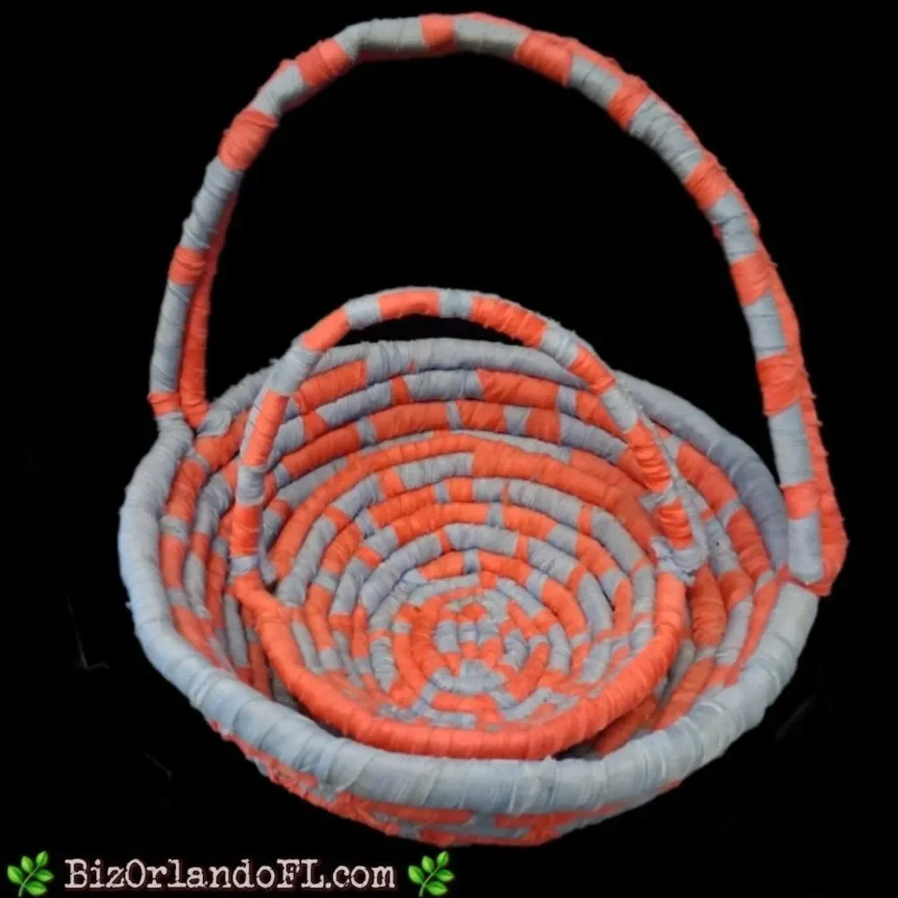 VINTAGE: Set of 2 Matching Nested Coiled Rope Basket in Coral & Blue Colors RARE